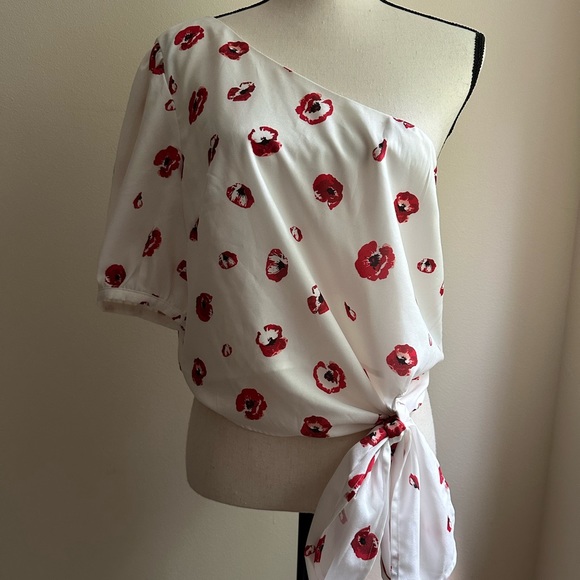 Skylar Rose White and Red Floral One Shoulder Drape Top - Picture 3 of 8